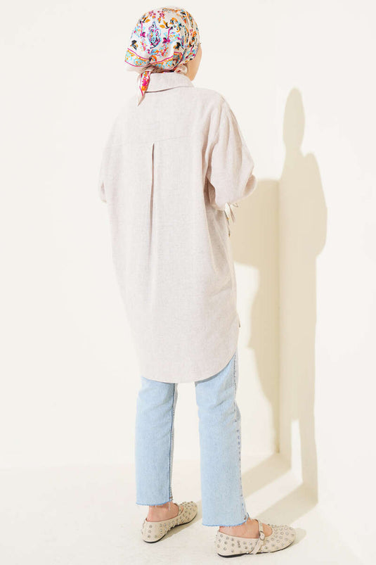 قميص كتان بيج اللون بأساور برباط