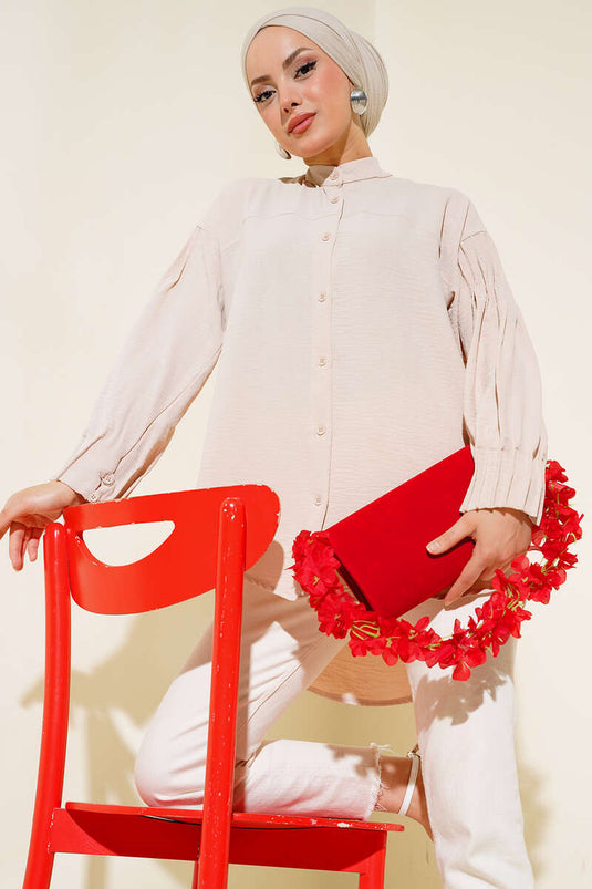 تونيك بأساور مجمعة باللون البيج