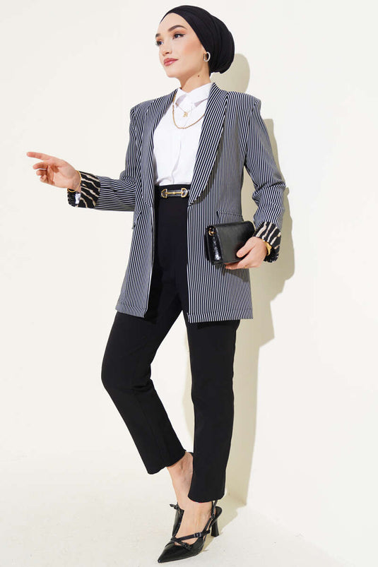Manşet Detaylı Çizgili Blazer Ceket Siyah