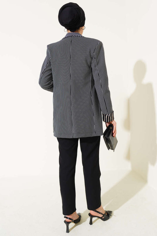 Manşet Detaylı Çizgili Blazer Ceket Siyah