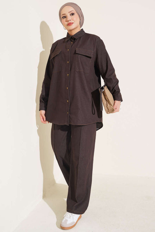 Ensemble En Jean Marron À Poches Doubles Et Poignets Boutonnés