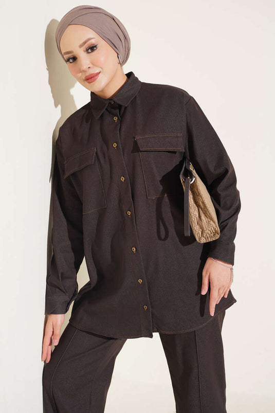Ensemble En Jean Marron À Poches Doubles Et Poignets Boutonnés