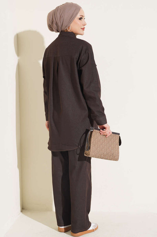 Ensemble En Jean Marron À Poches Doubles Et Poignets Boutonnés