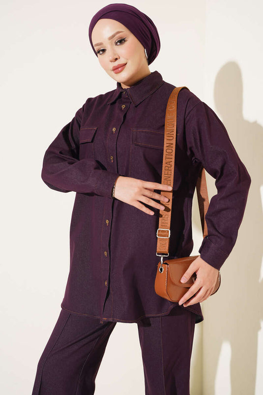Completo In Denim Con Bottoni E Tasche In Malva