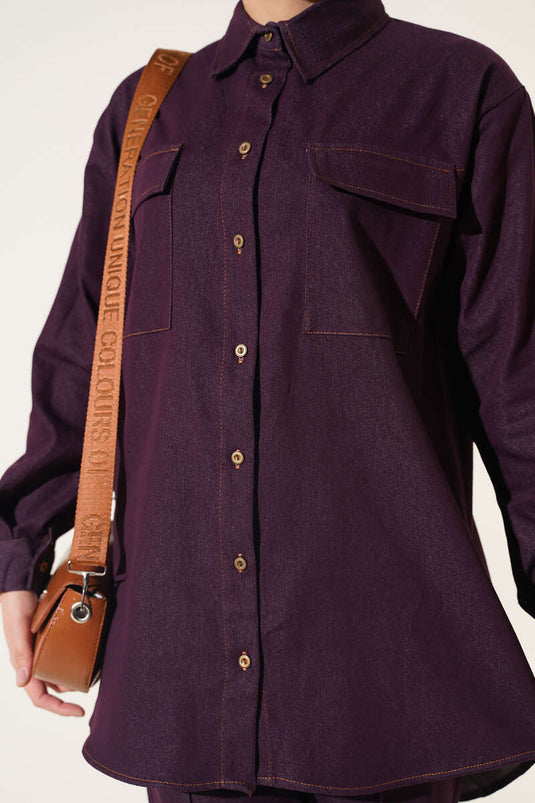 Completo In Denim Con Bottoni E Tasche In Malva