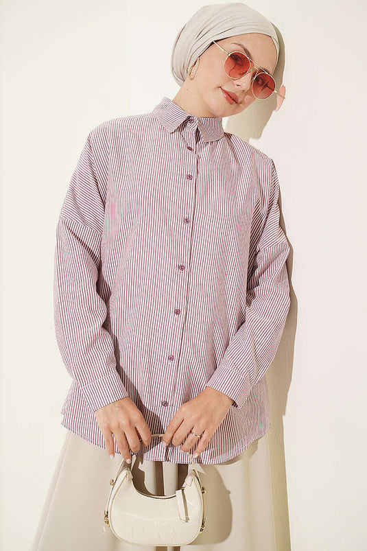 Camicia A Righe Bordeaux Con Bottoni