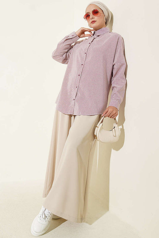 Camicia A Righe Bordeaux Con Bottoni