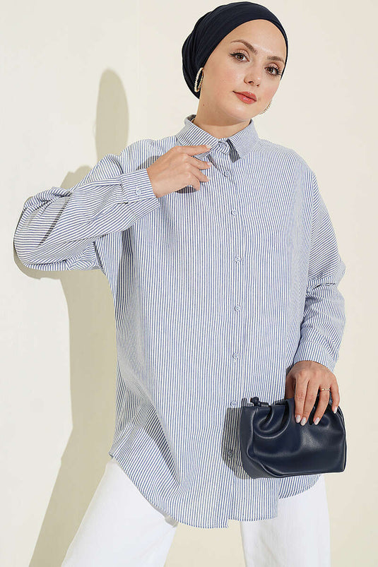 Camicia A Righe Con Bottoni E Polsini In Blu