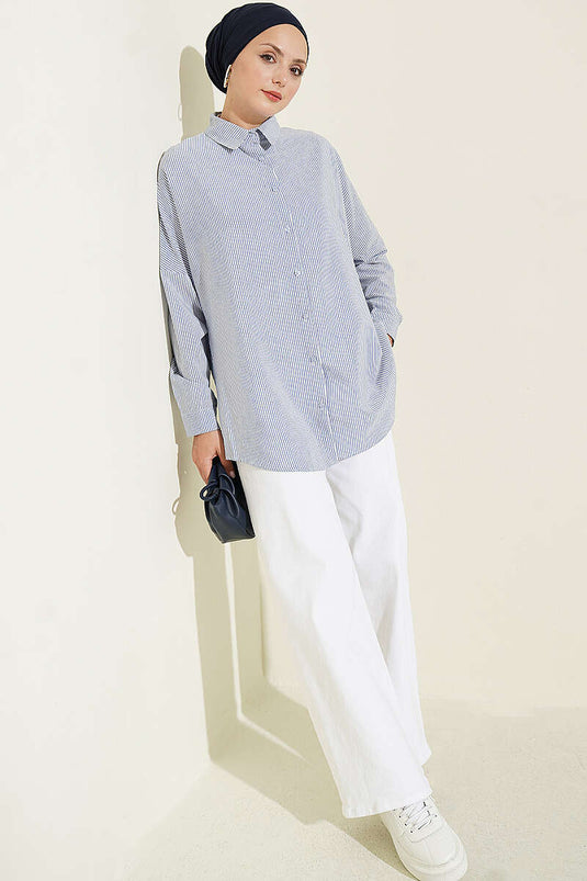 Camicia A Righe Con Bottoni E Polsini In Blu