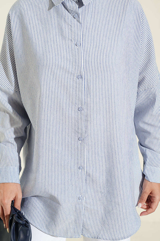 Camicia A Righe Con Bottoni E Polsini In Blu