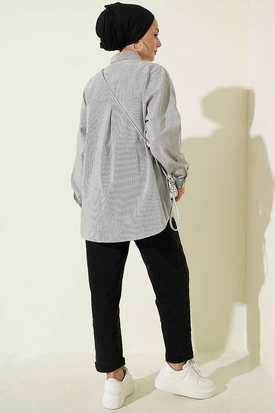 Black Striped Button-Front Shirt