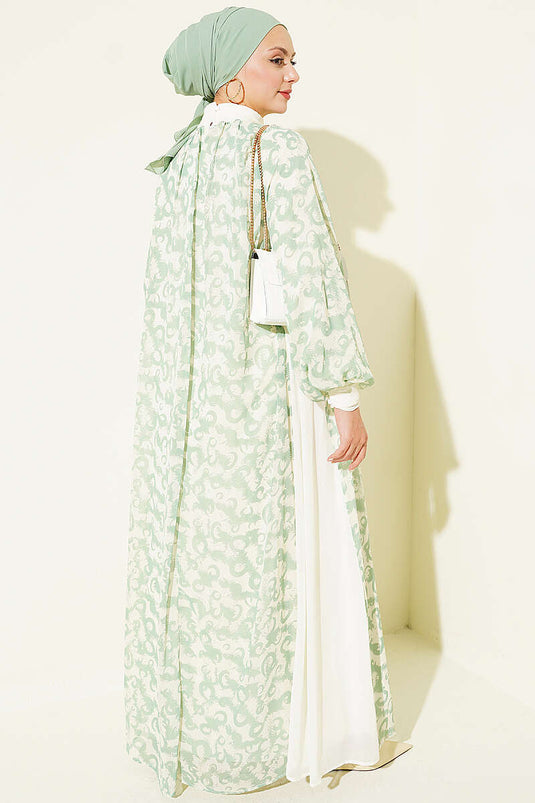 Manşet Düğmeli Desenli Elbise Su Yeşili