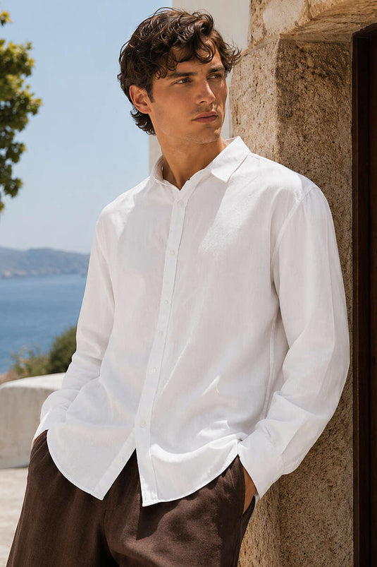 Chemise tissée pour homme avec boutons à manchette, couleur écru