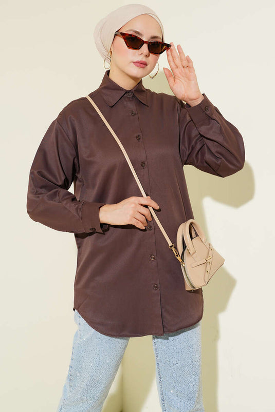 Plain Shirt with Cuff Buttons Brown