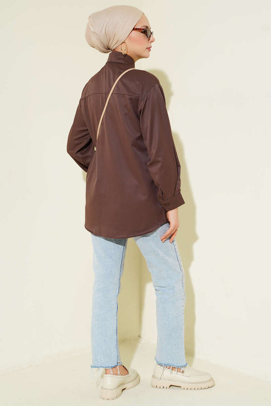 Plain Shirt with Cuff Buttons Brown