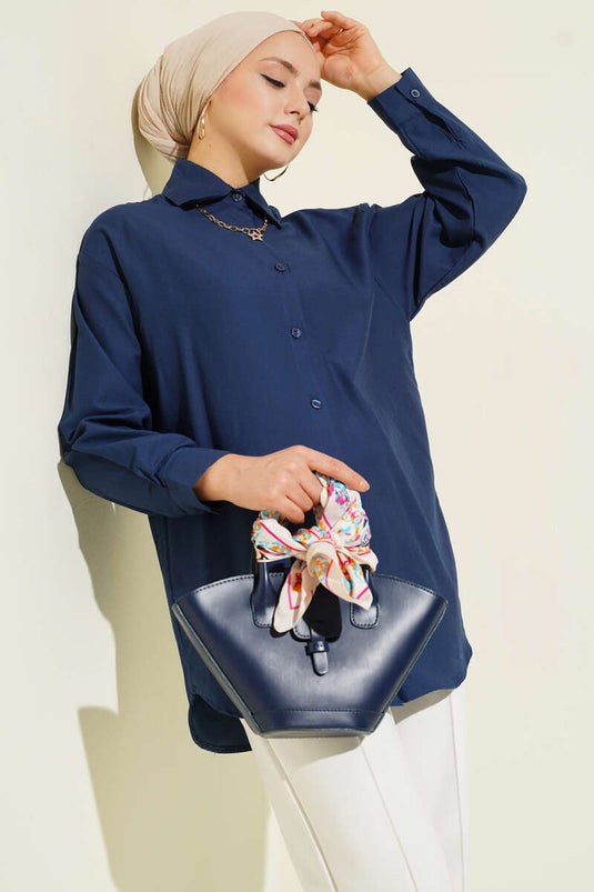 Chemise Unie À Boutons Bleu Marine