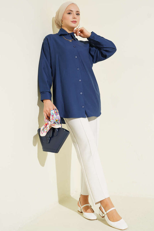 Plain Shirt with Cuff Buttons Navy Blue