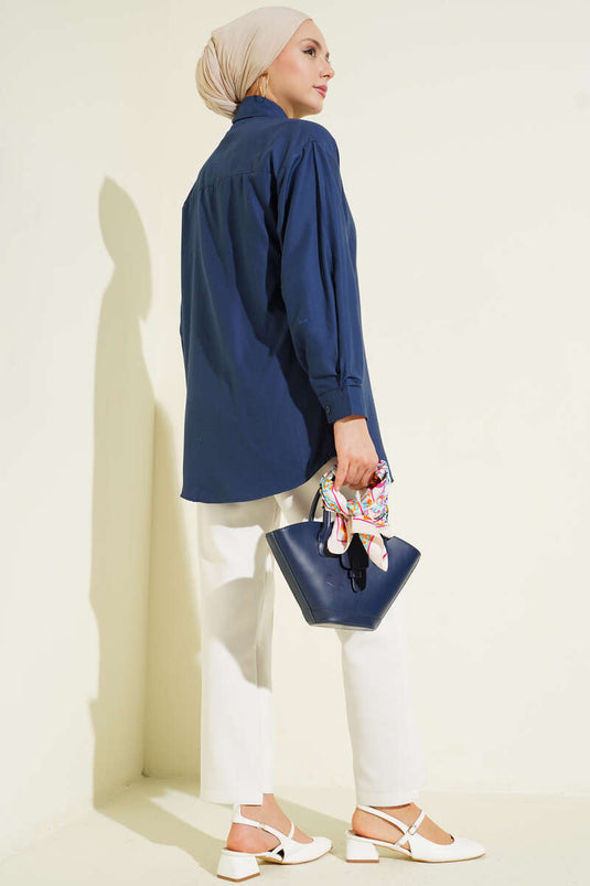Plain Shirt with Cuff Buttons Navy Blue