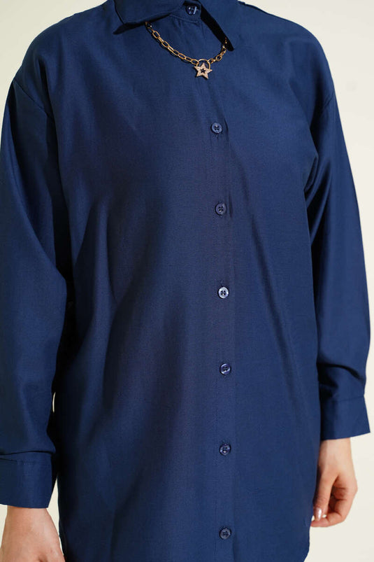 Plain Shirt with Cuff Buttons Navy Blue