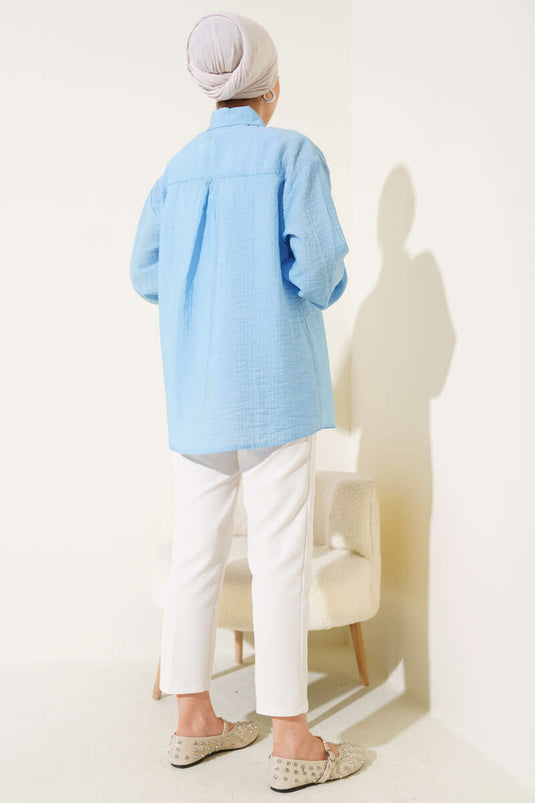 قميص مجعد بأكمام بأزرار، أزرق