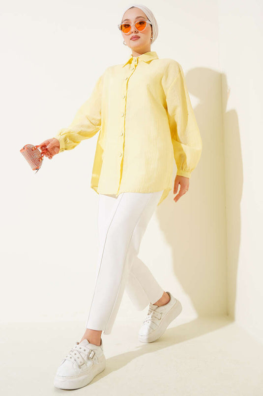 قميص مجعد بأكمام بأزرار، أصفر