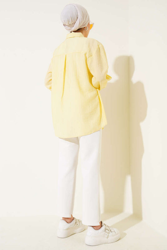 قميص مجعد بأكمام بأزرار، أصفر