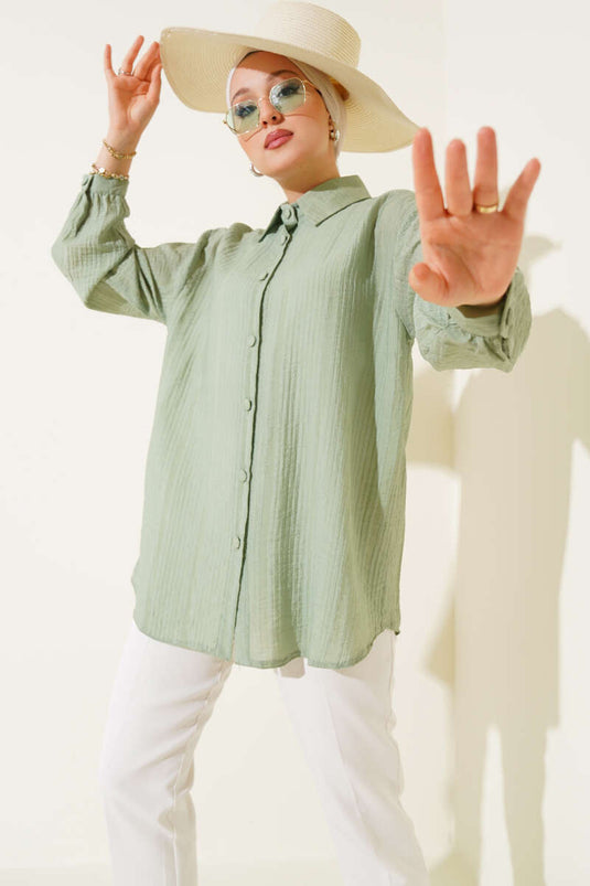 Chemise froissée à poignets boutonnés, verte