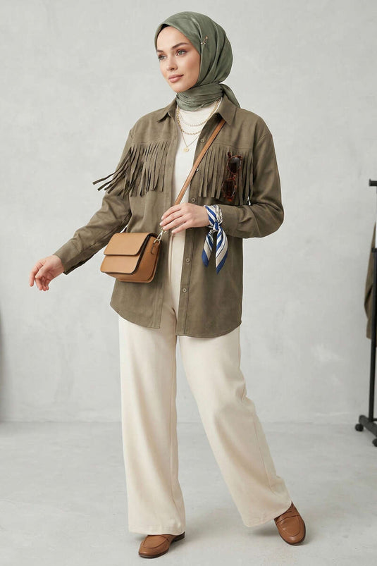 Shirt with Cuff Buttons and Tassels, Khaki