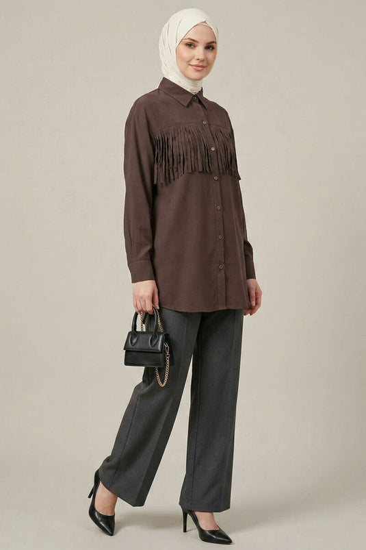 Shirt with Cuff Buttons and Tassels Coffee