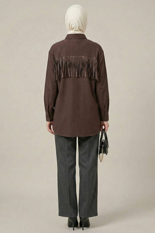 Shirt with Cuff Buttons and Tassels Coffee