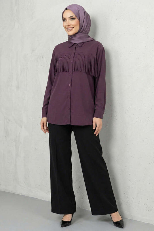 Buttoned Cuff Tassel Shirt in Burgundy