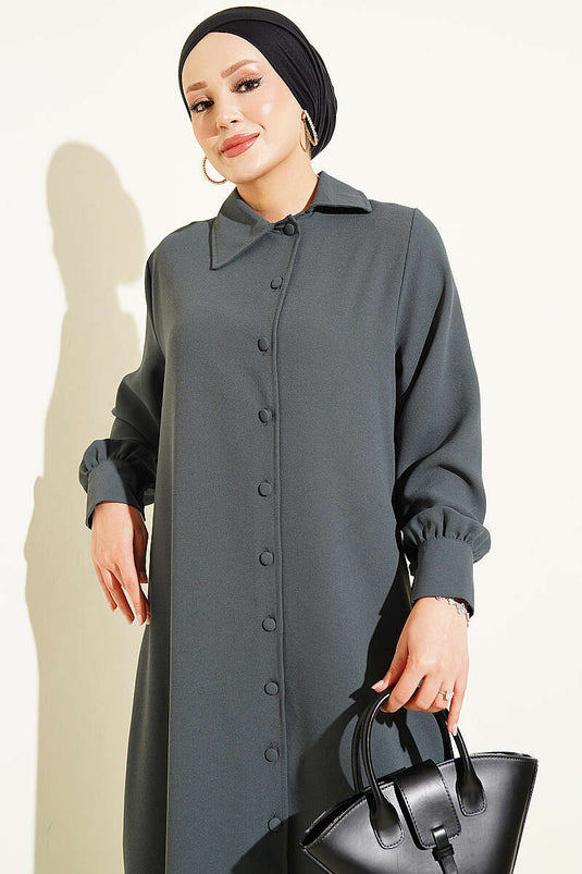 Long Tunic Set With Buttoned Cuffs In Smoke Grey