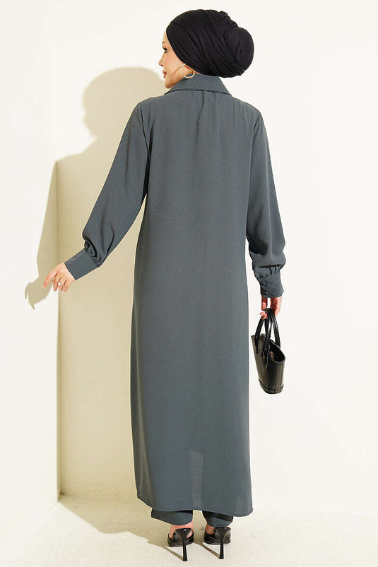 Long Tunic Set With Buttoned Cuffs In Smoke Grey