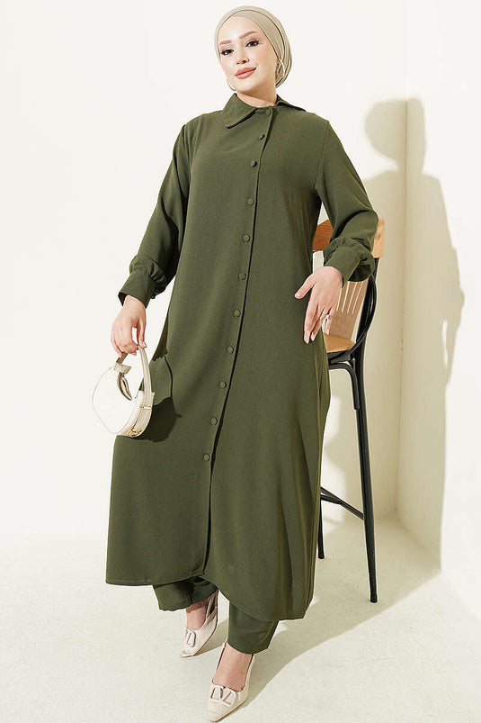 Haki Long Tunic With Buttoned Cuffs Set