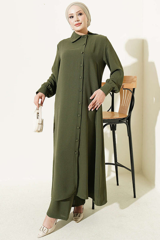 Haki Long Tunic With Buttoned Cuffs Set