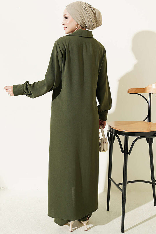 Haki Long Tunic With Buttoned Cuffs Set