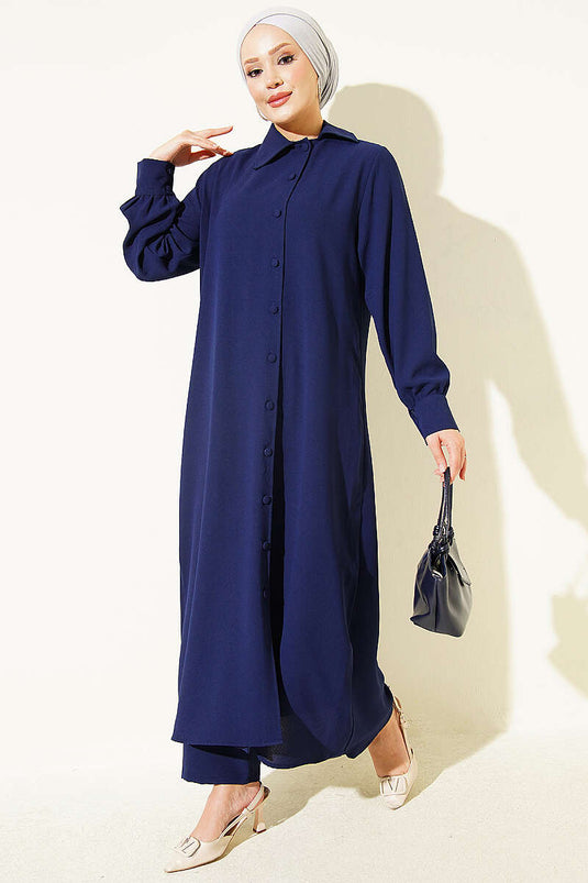Completo Tunica Lunga Navy Con Polsini Bottoned