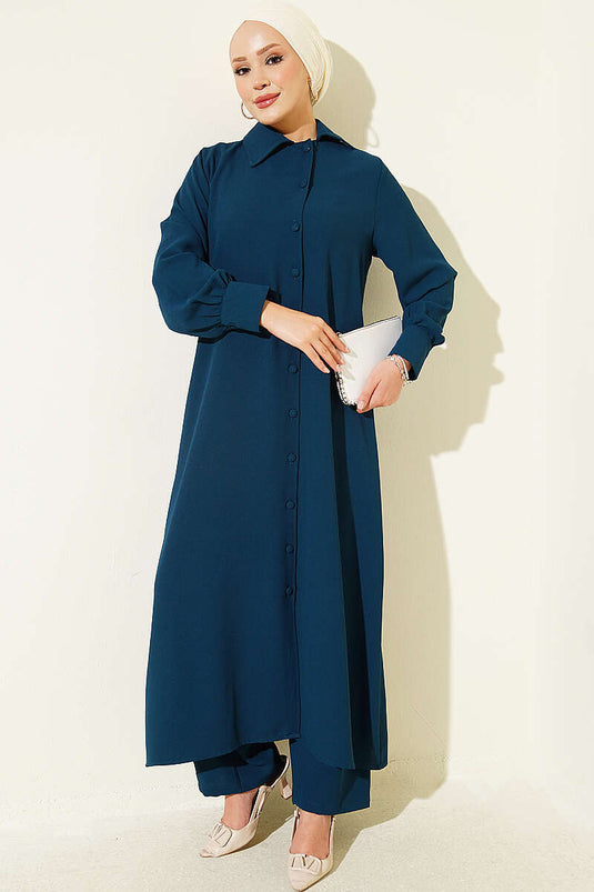 Long Tunic Set With Buttoned Cuffs In Petrol Green