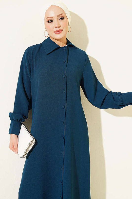 Long Tunic Set With Buttoned Cuffs In Petrol Green