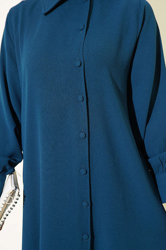 Long Tunic Set With Buttoned Cuffs In Petrol Green