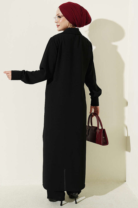 Schwarzes Langes Tunika-Set Mit Knopfreversen
