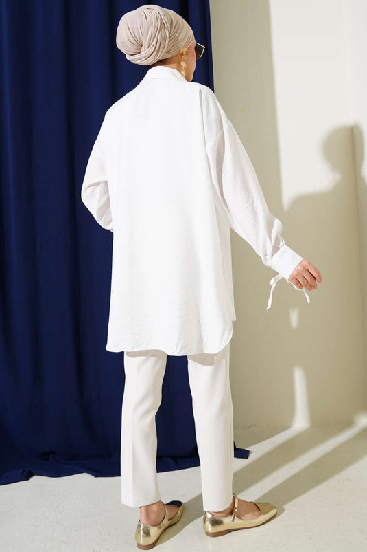 Cuff String Chest Pleated Shirt Ecru