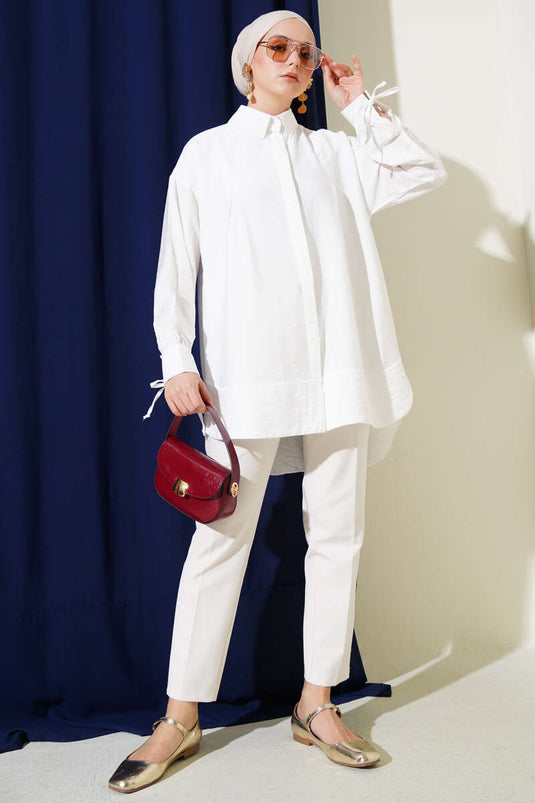 Cuff String Chest Pleated Shirt Ecru