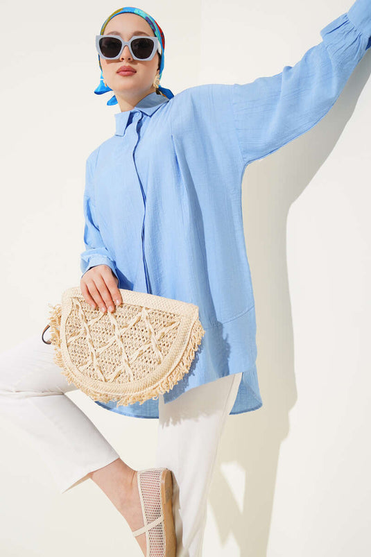 Manşet İpli Göğüs Pileli Gömlek Mavi