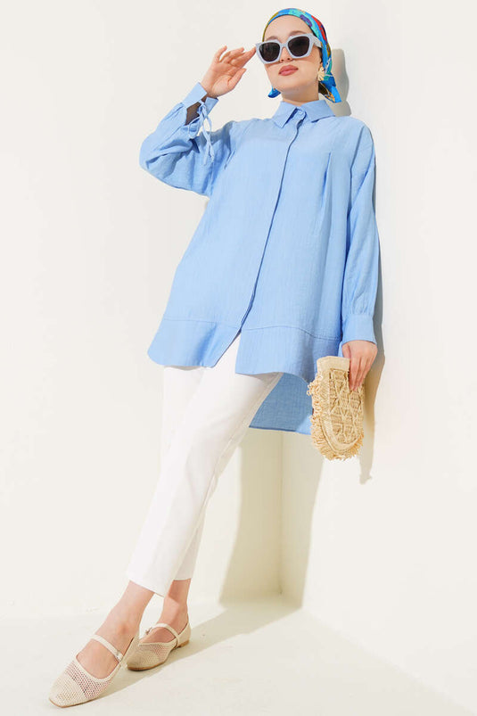 Manşet İpli Göğüs Pileli Gömlek Mavi