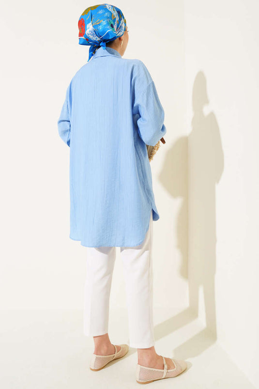 Manşet İpli Göğüs Pileli Gömlek Mavi