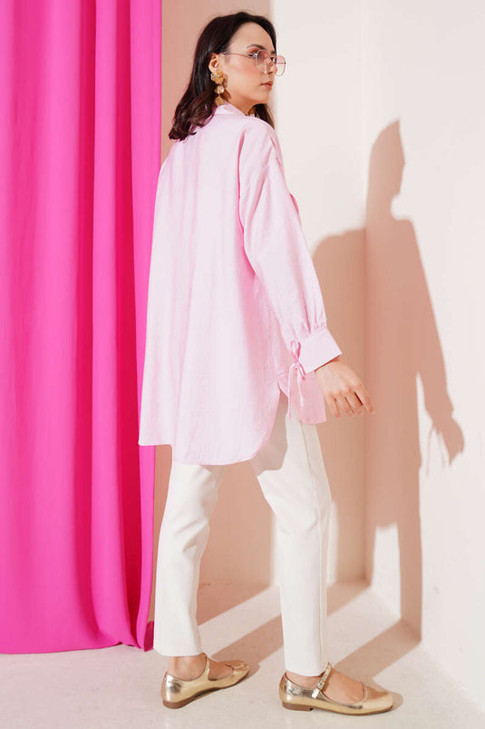 Cuff String Chest Pleated Shirt Pink