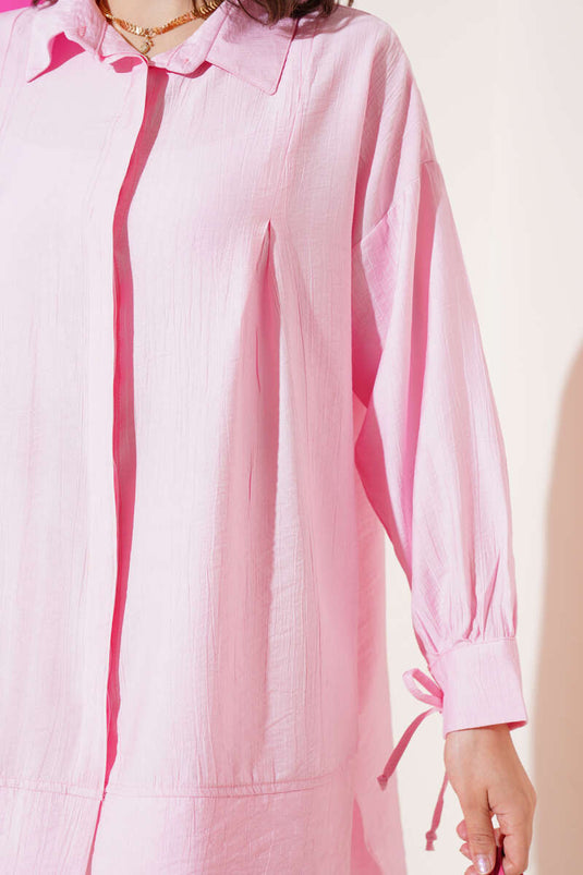 Cuff String Chest Pleated Shirt Pink