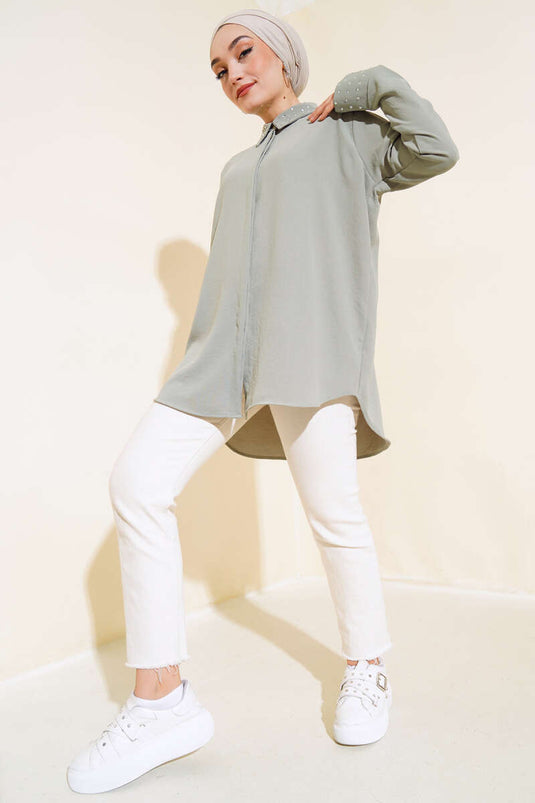 Shirt with Collar and Stone in Mint Green