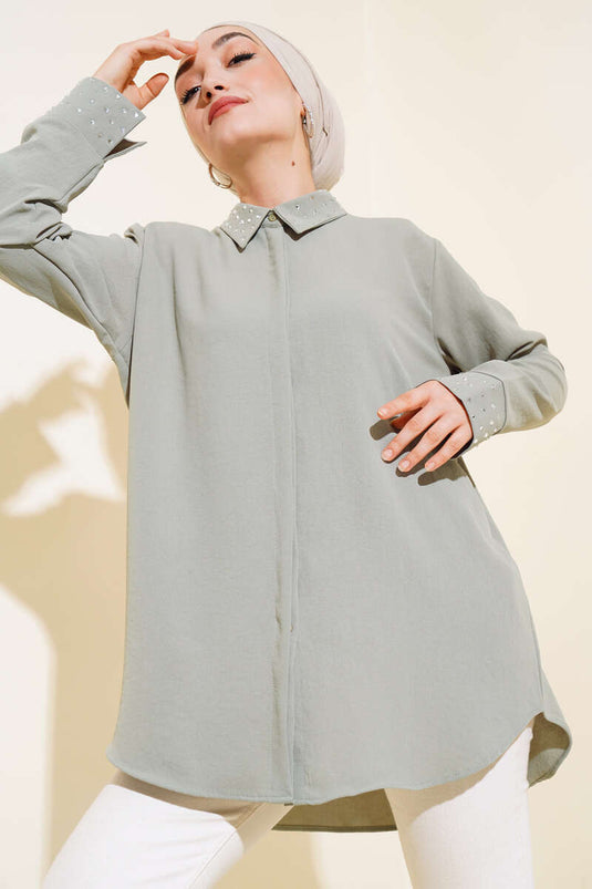 Shirt with Collar and Stone in Mint Green